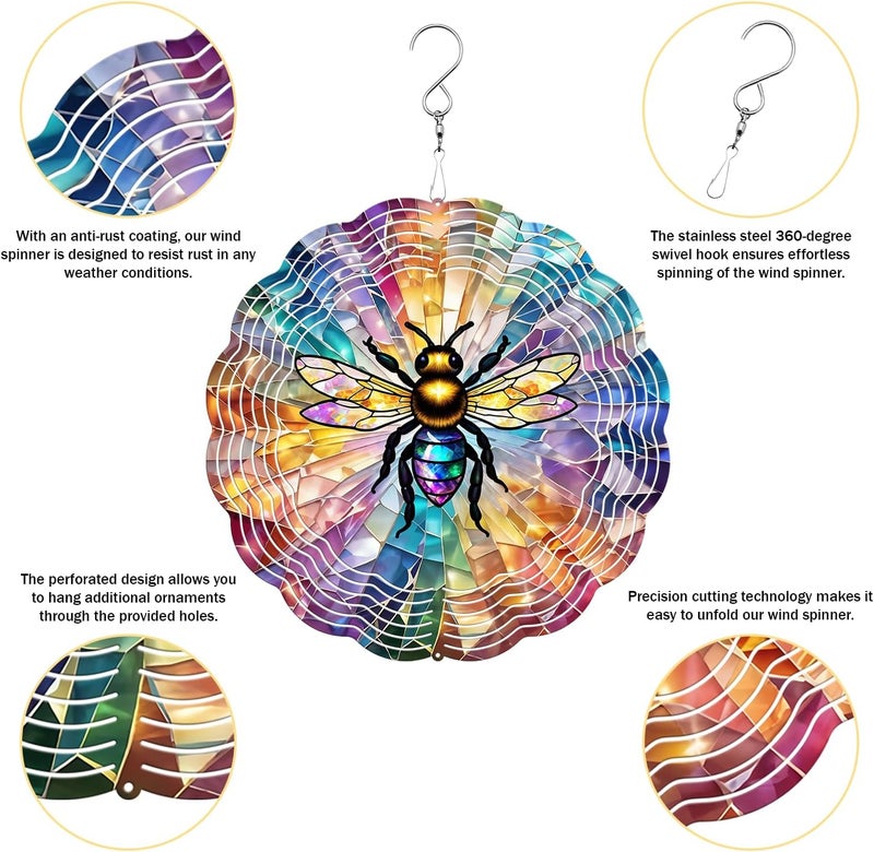 PUCPAM Bee Wind Spinner, 3D Hanging Stainless Steel Garden Spinner, Wind Spinner Hanging for Outdoor & Indoor Décor, Unique Gifts for Yard Garden Decoration or Patio Décor (Bee) - Image 4